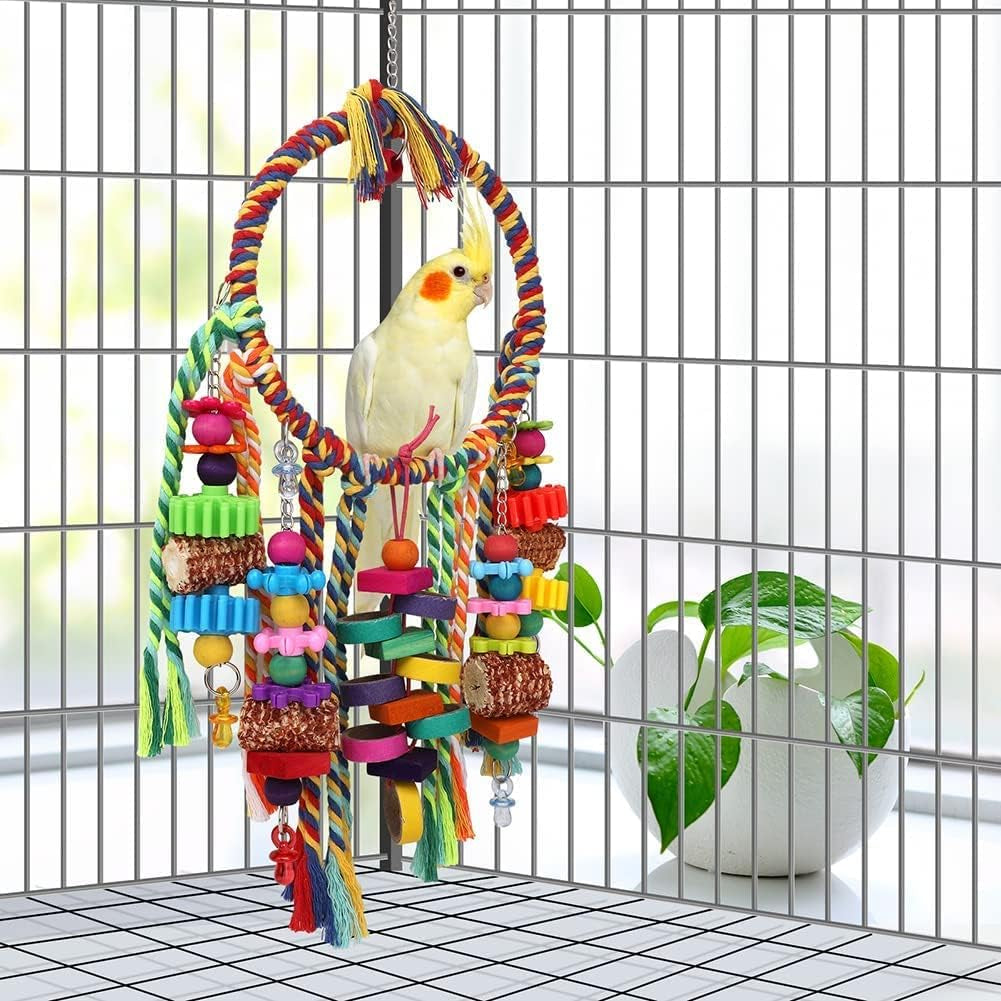 Bird Toys Parrot Toys Bird Rope Ring Swing Perch with Corn Cob Cardboard Bagels Wooden Blocks Chewing Toys for Parakeets, Cockatiels, Conure, Lovebirds, Finches and Other Small-Sized Birds