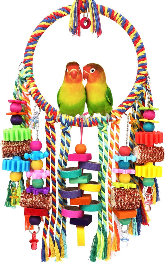 Bird Toys Parrot Toys Bird Rope Ring Swing Perch with Corn Cob Cardboard Bagels Wooden Blocks Chewing Toys for Parakeets, Cockatiels, Conure, Lovebirds, Finches and Other Small-Sized Birds